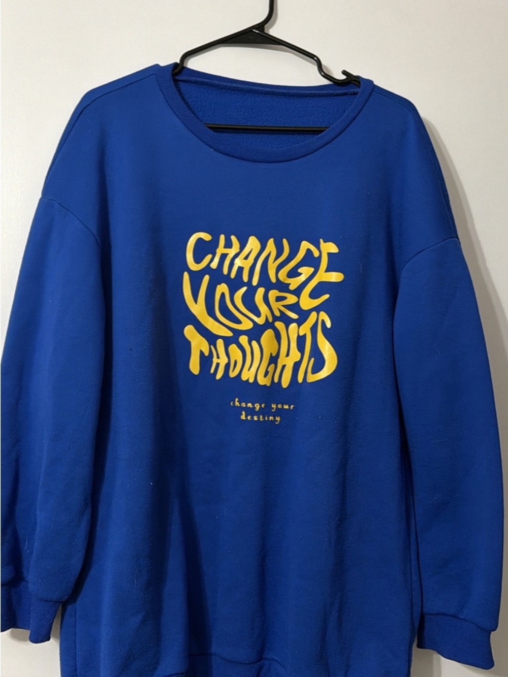 Blue Graphic Oversized Sweatshirt with Yellow 'Change Your Thoughts' Print